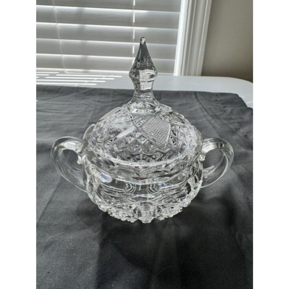Vintage American Brilliant Sugar / Candy Dish Cut Glass w Sunburst 6" Wide